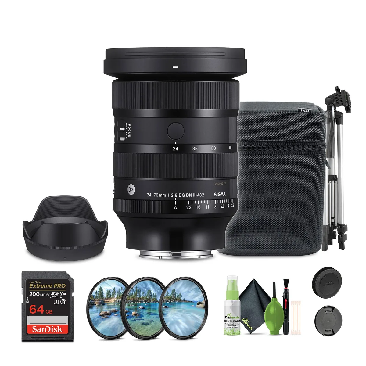 SIGMA SIGMA 24-70mm f/2.8 DG DN II Art Lens (Sony E) bundle with 64GB card and 82mm filter — product photo