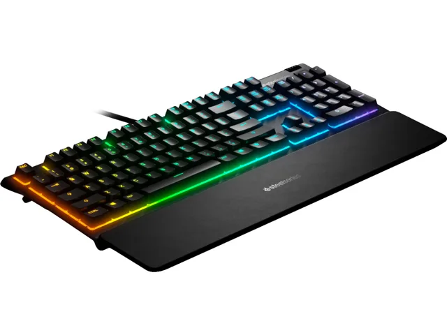 Black full-size gaming keyboard with detachable magnetic wrist rest and 10-zone RGB lighting