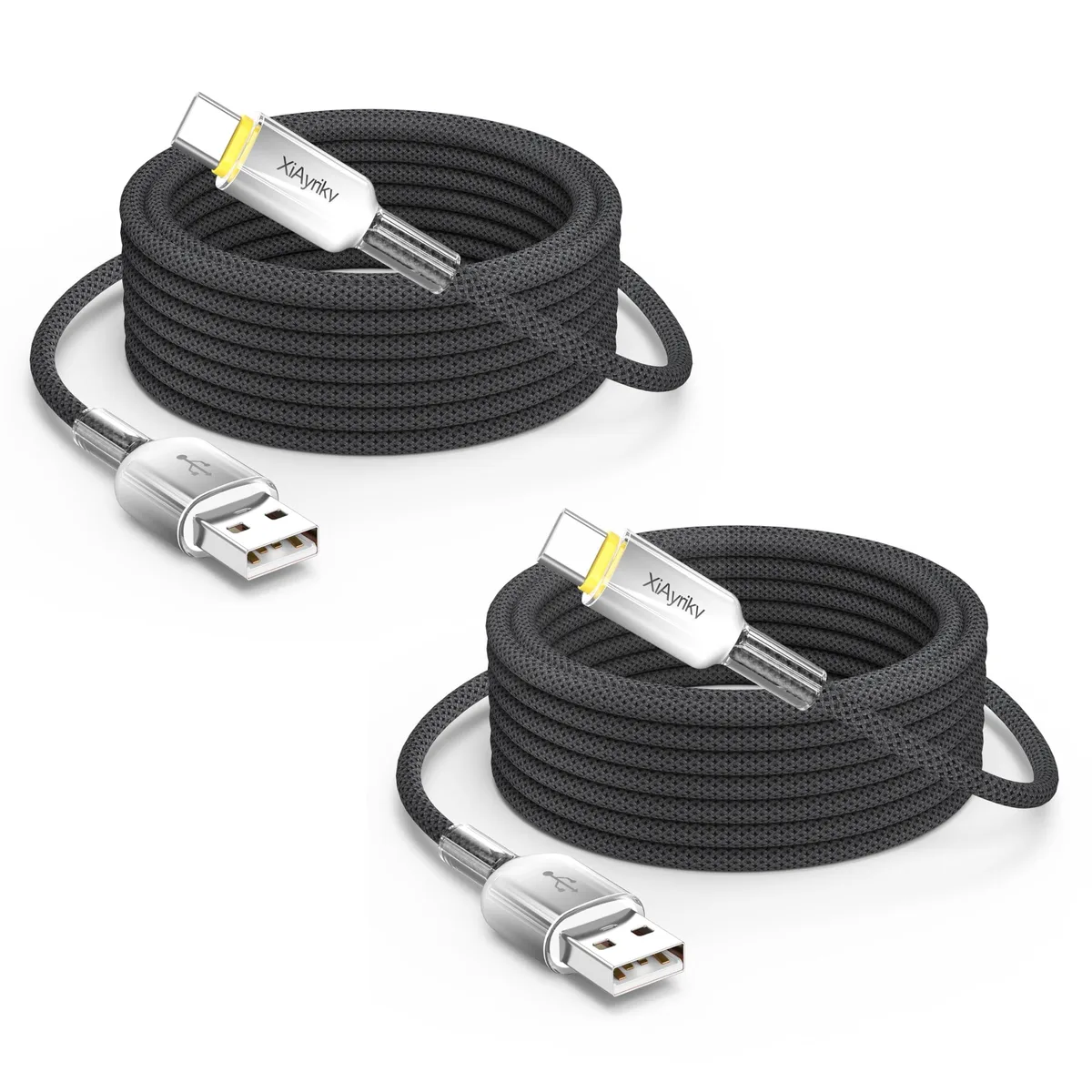 Two grey braided USB-A to USB-C cables, 10 ft each, translucent grey gradient connector housings