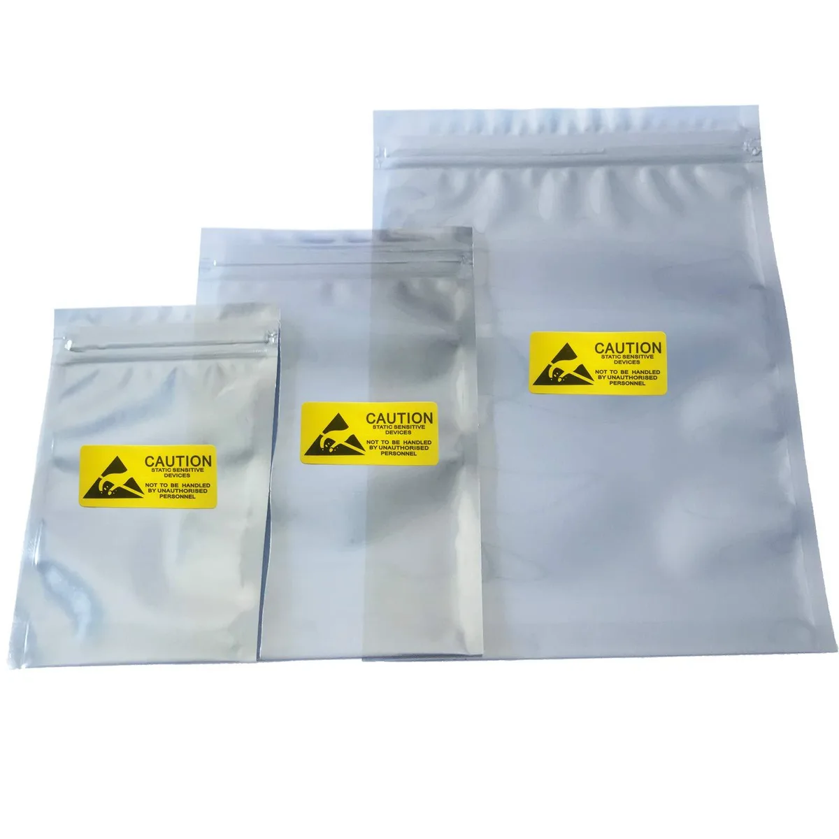 Thirty translucent metallised bags in three sizes with resealable tops and labels