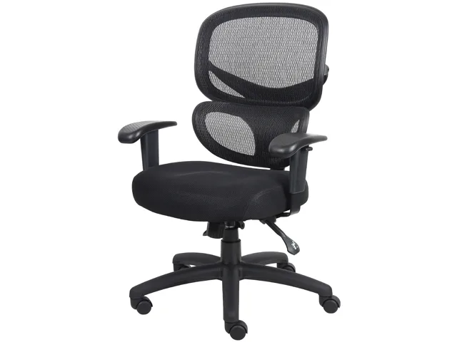 Black mesh-back office chair with fabric seat, adjustable arms, nylon base and castors