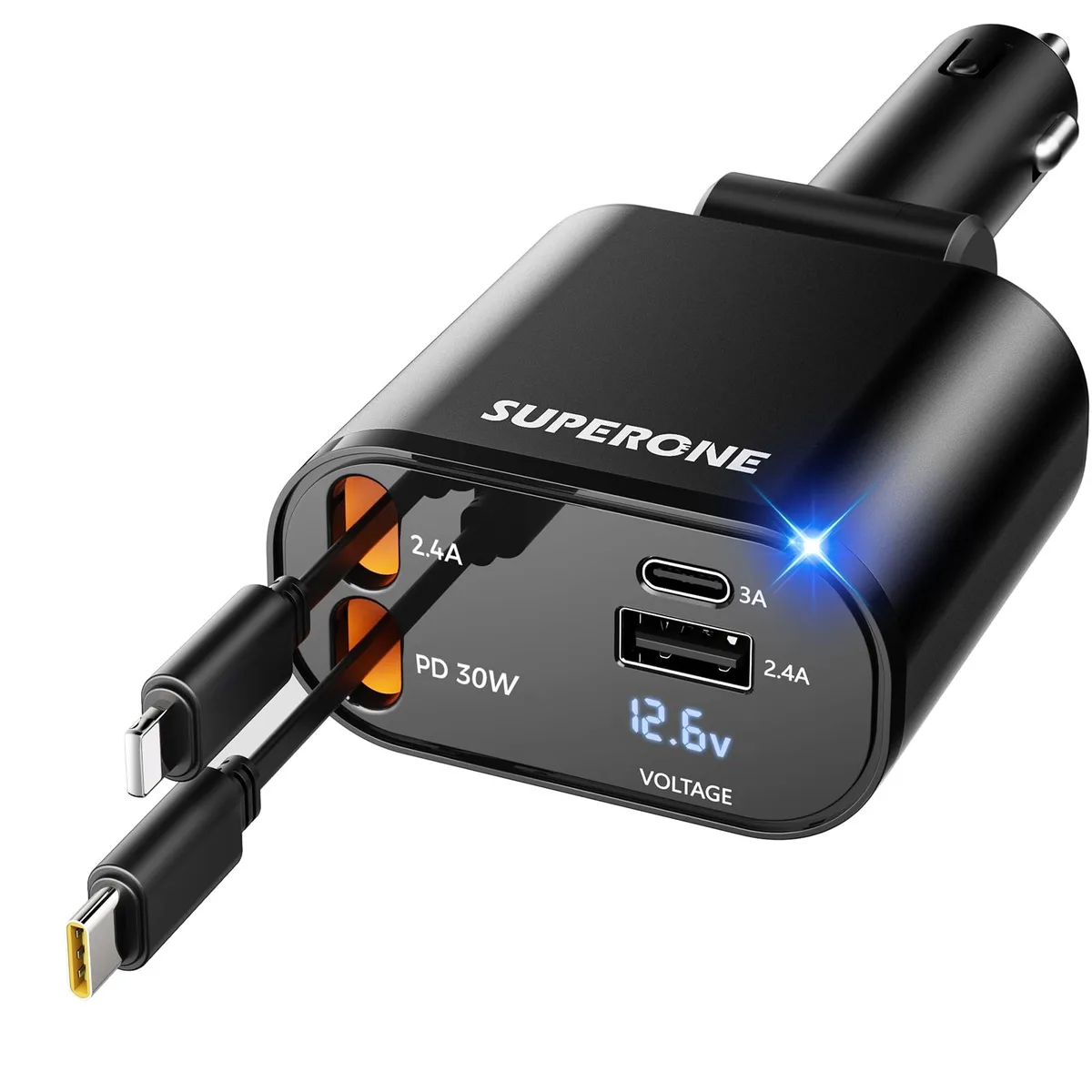 No Sew No Sew SUPERONE 4-in-1 Retractable Car Charger 60W PD30W 80cm cables 2.6ft cord — product photo