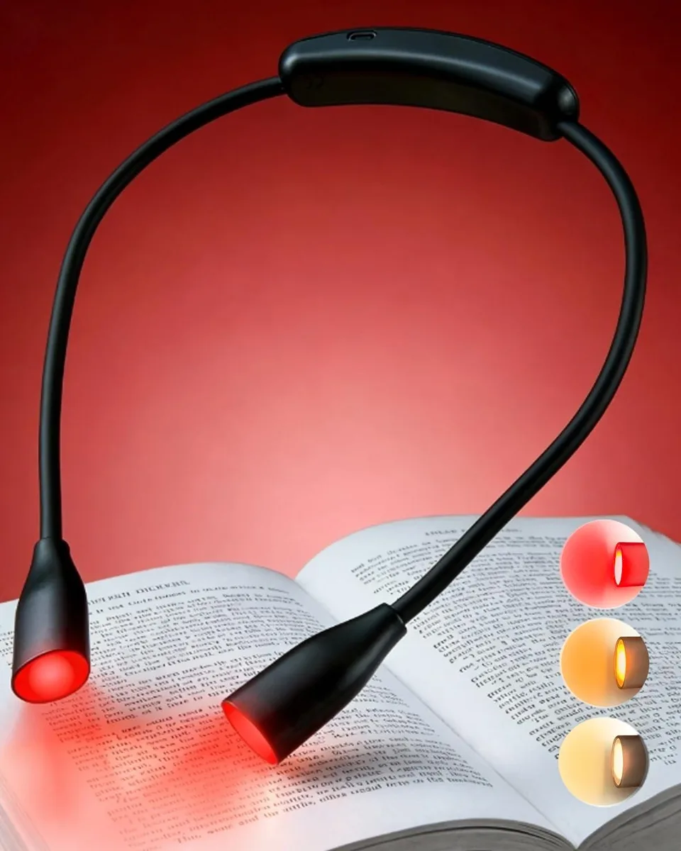 Flexible neck-worn book light with clip-on arms, matte finish, USB rechargeable