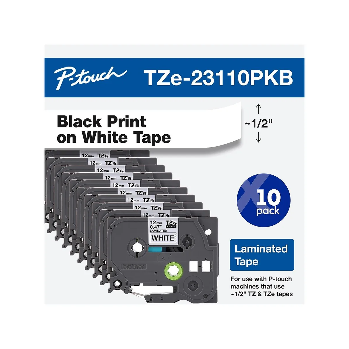 Brother Brother TZe-231 1/2" x 26.2' Black on White label tape 10 pack — product photo