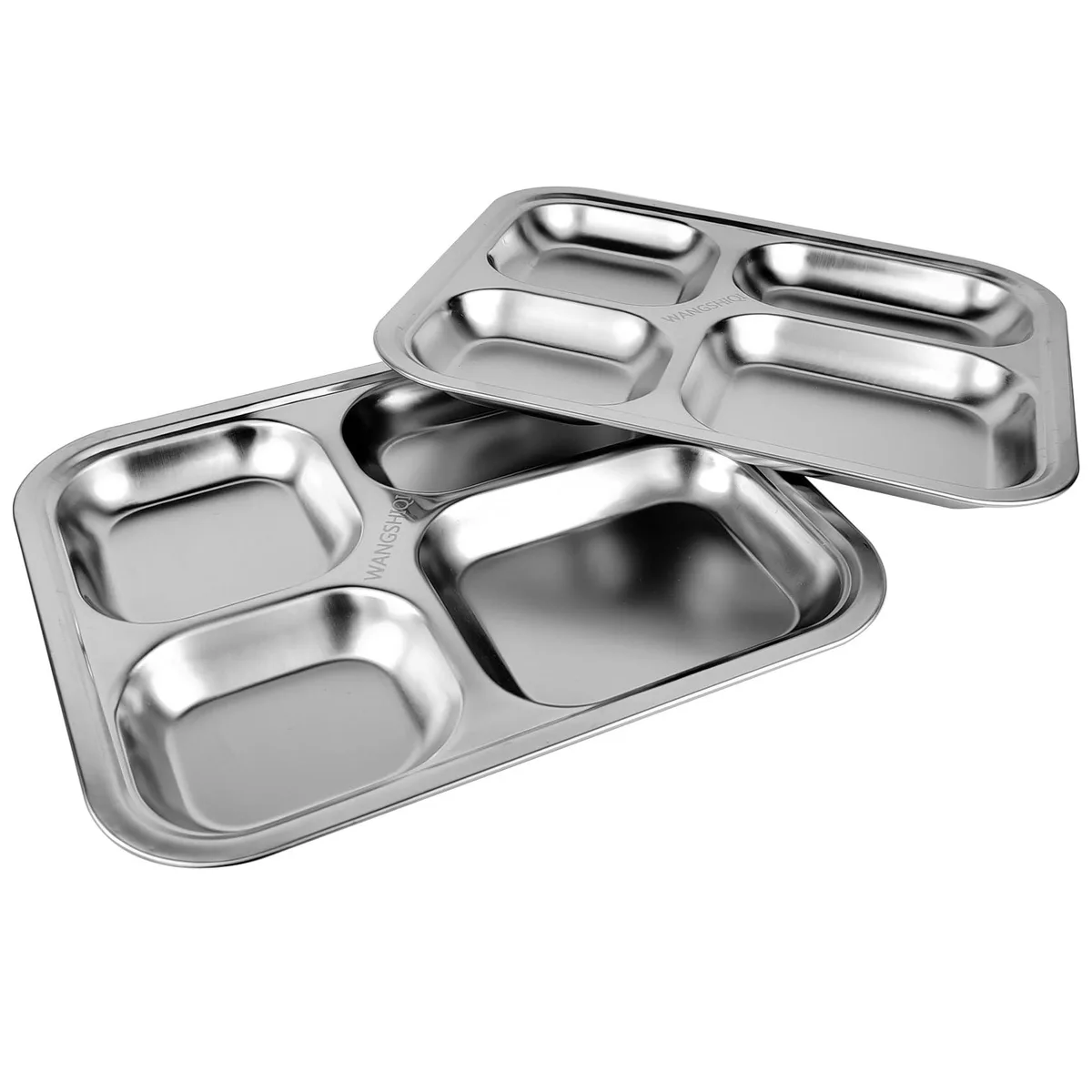 White rectangular plastic plate with four compartments and silver rim