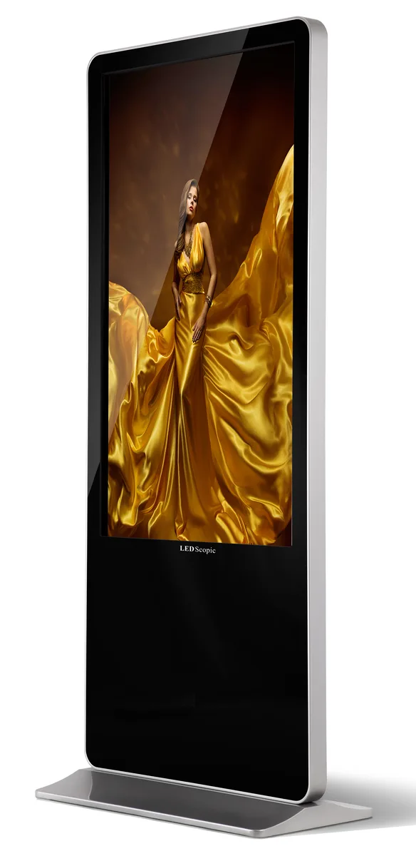 Vertical 55 inch 4K touchscreen in black and silver finish, tall rectangular cabinet with tempered glass face