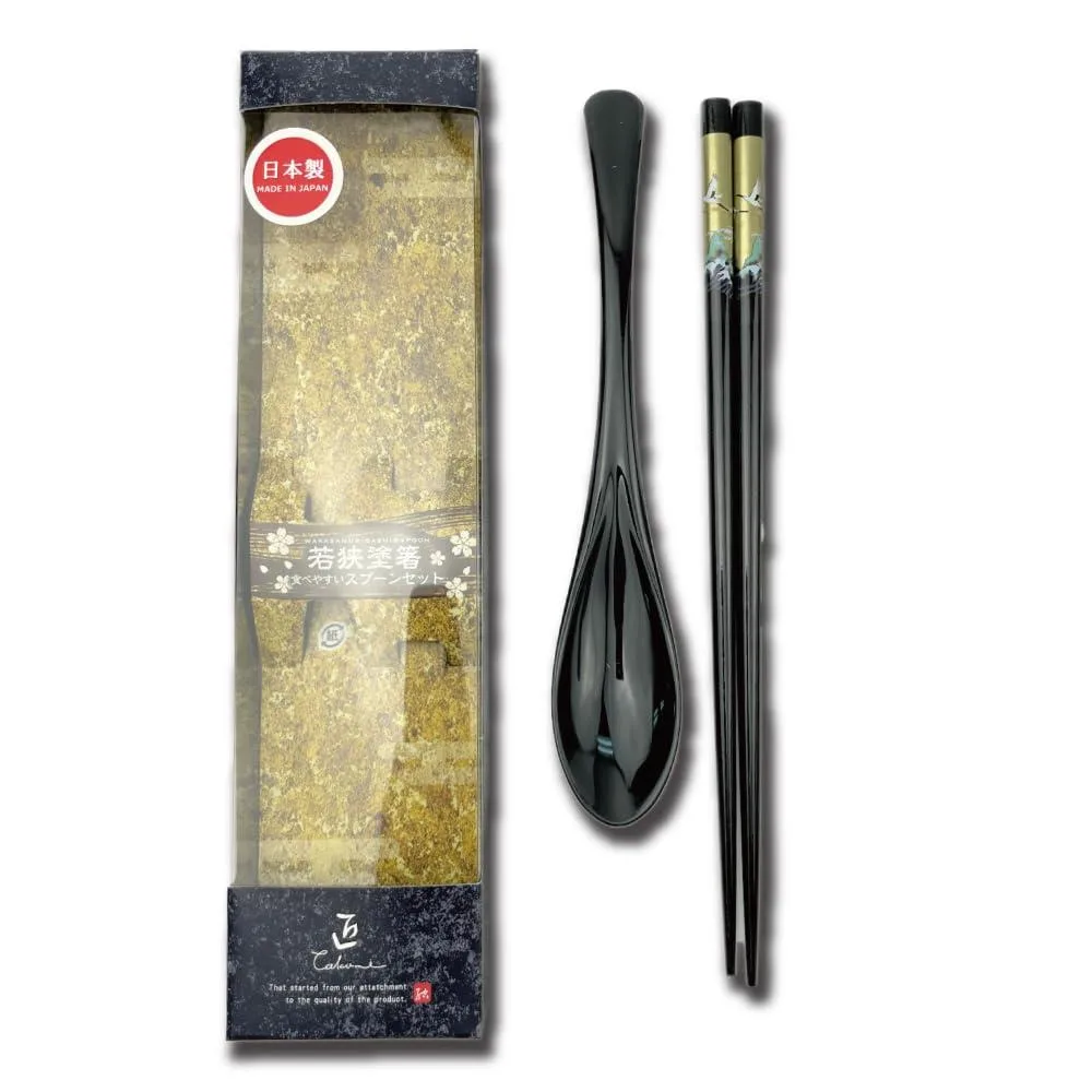 Black lacquered wooden chopsticks and acrylic spoons in a 24-piece set