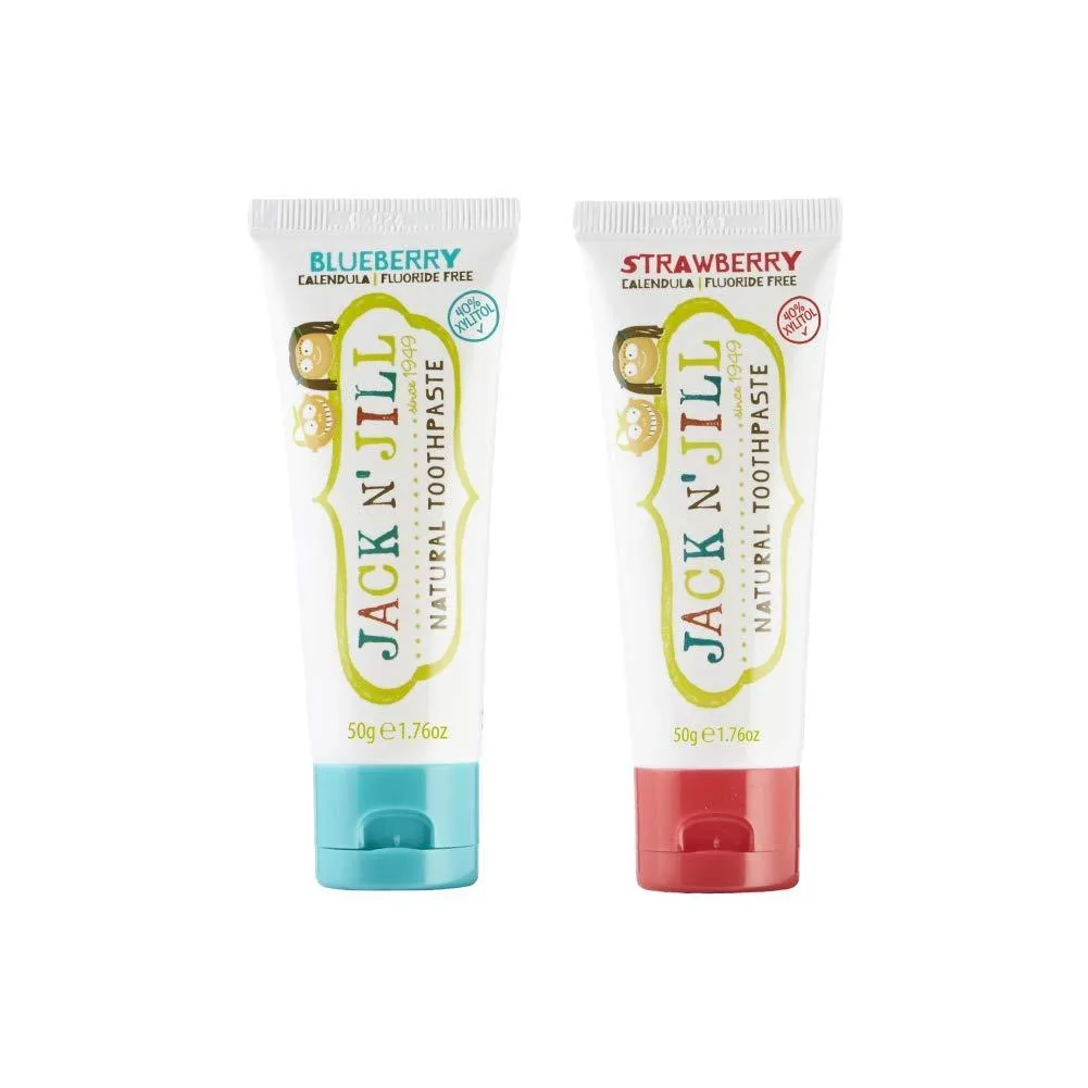 Two small blueberry and strawberry toothpaste tubes in a rectangular box