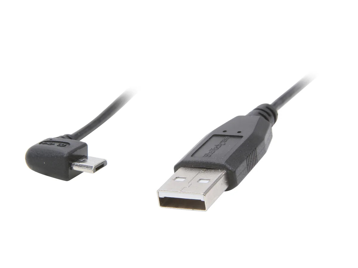 Black 1 ft USB A to left-angle Micro USB cable, PVC jacket