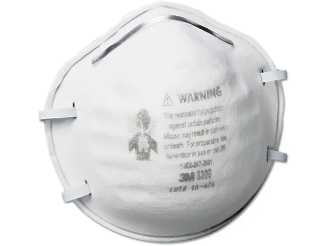 White cup-shaped N95 respirator mask with adjustable nose clip, shown in box of 20