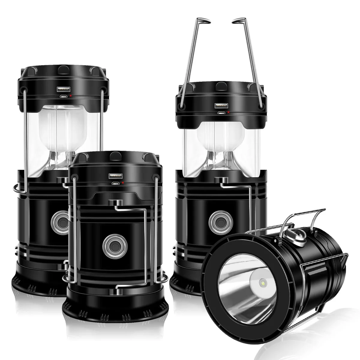 Four black collapsible LED lantern flashlights with folding hooks