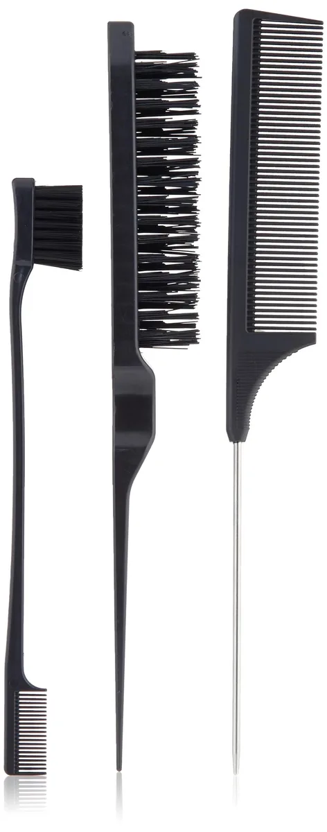 Three-piece black brush and comb set with dual-edge heads and tapered tail handles