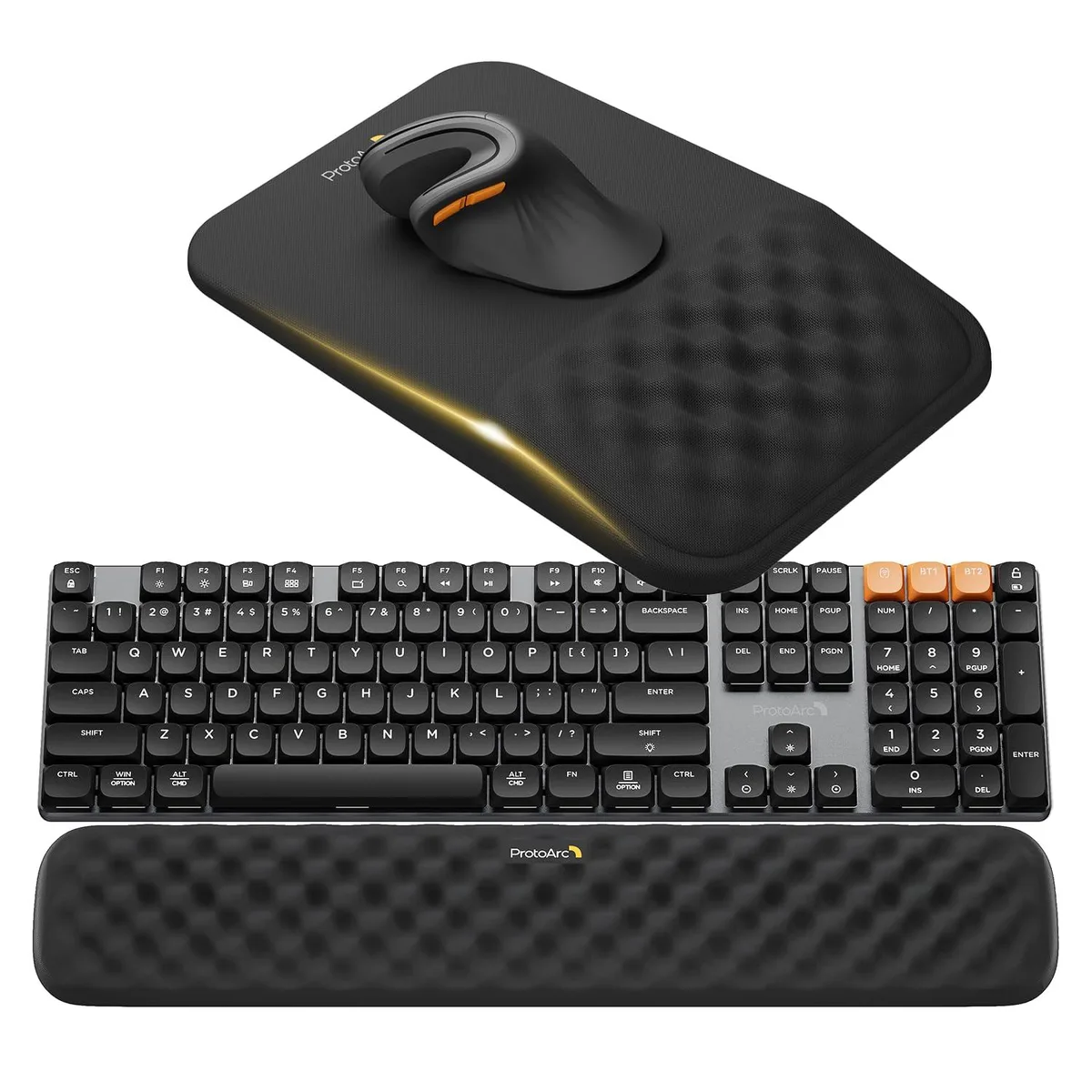 Black Lycra mouse pad with 8° sloped wrist rest and matching keyboard wrist rest on non-slip bases