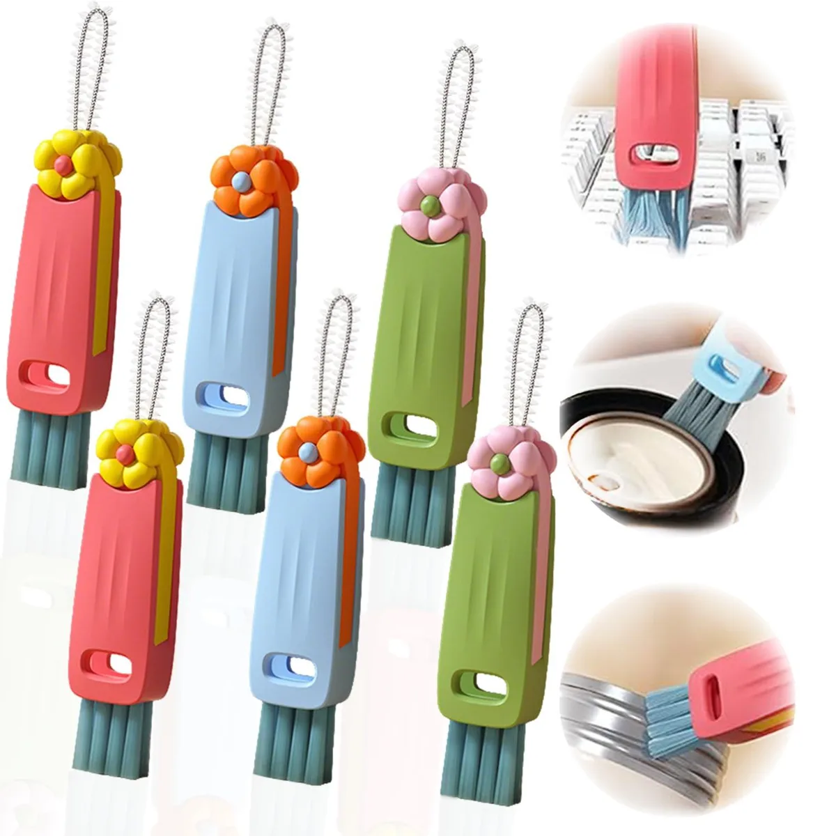 Six-piece cup-lid cleaning brush set with interchangeable heads