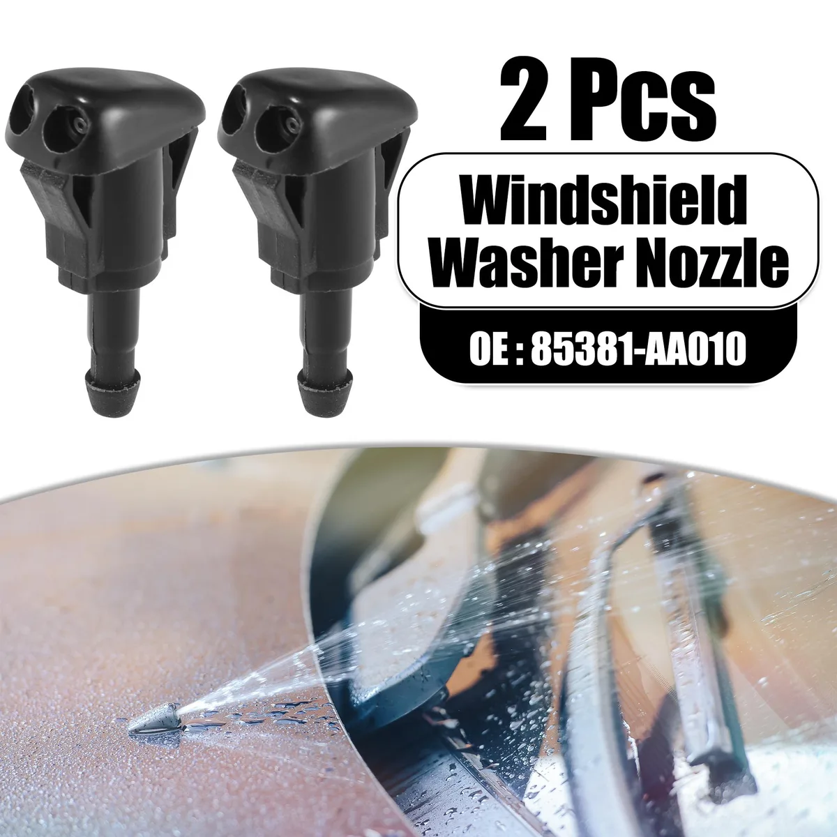 Two black plastic front windshield washer nozzles, rectangular with angled spray tips