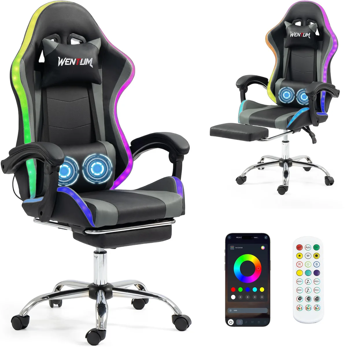 VANBOW VANBOW Gaming Chair Grey RGB Massage Lumbar Footrest 90-135° 330 lbs — product photo