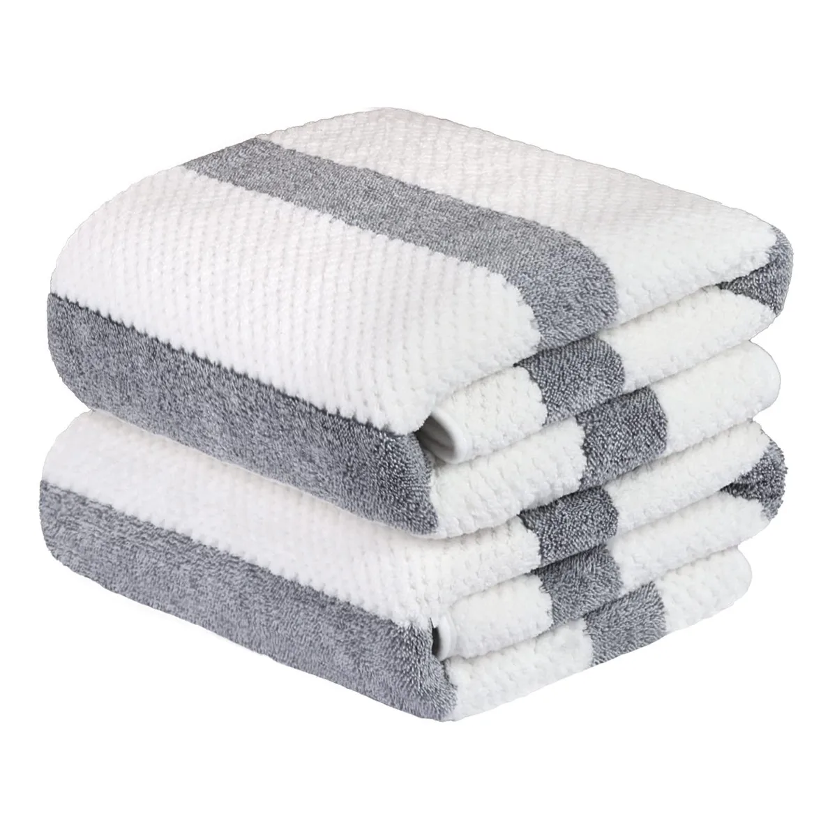 Two grey microfibre bath towels with waffle stripe pattern, 30 by 60 inches