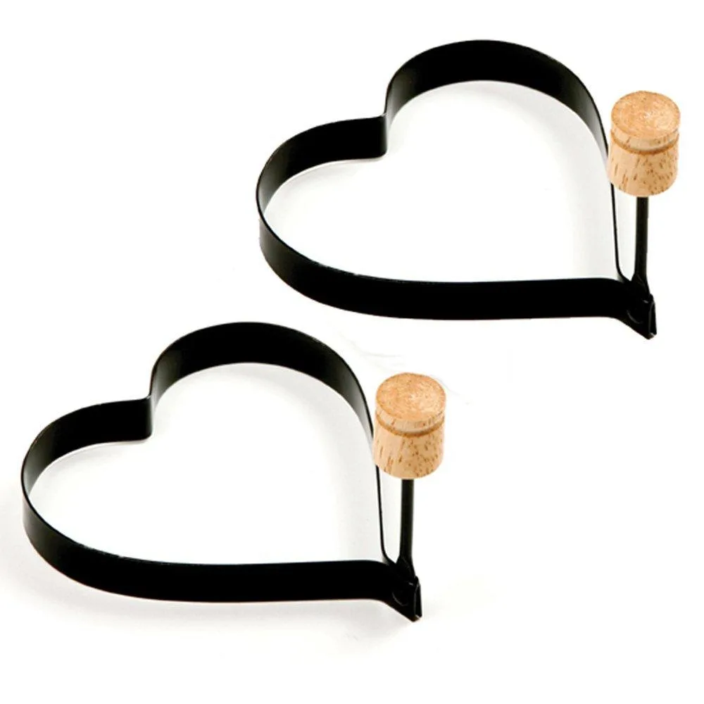 Two glossy non-stick heart rings with folding wood handles