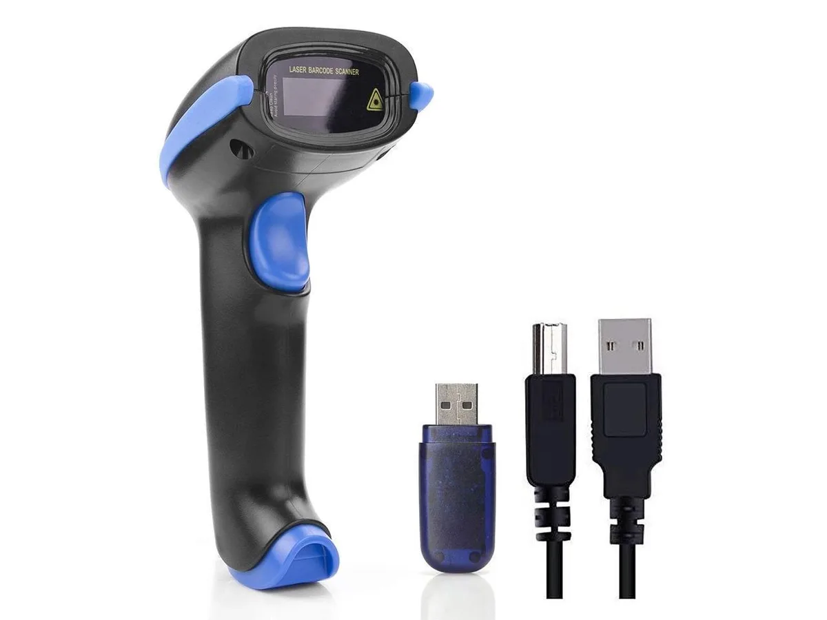 Handheld 2.4 GHz barcode scanner with silicone protective cover and USB receiver