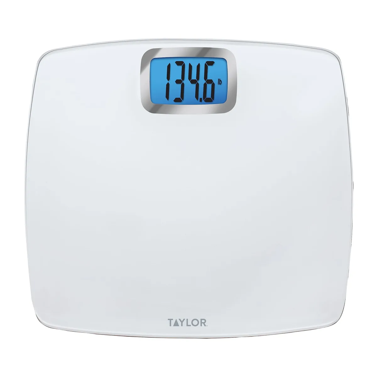 White rectangular glass platform with blue backlit display
