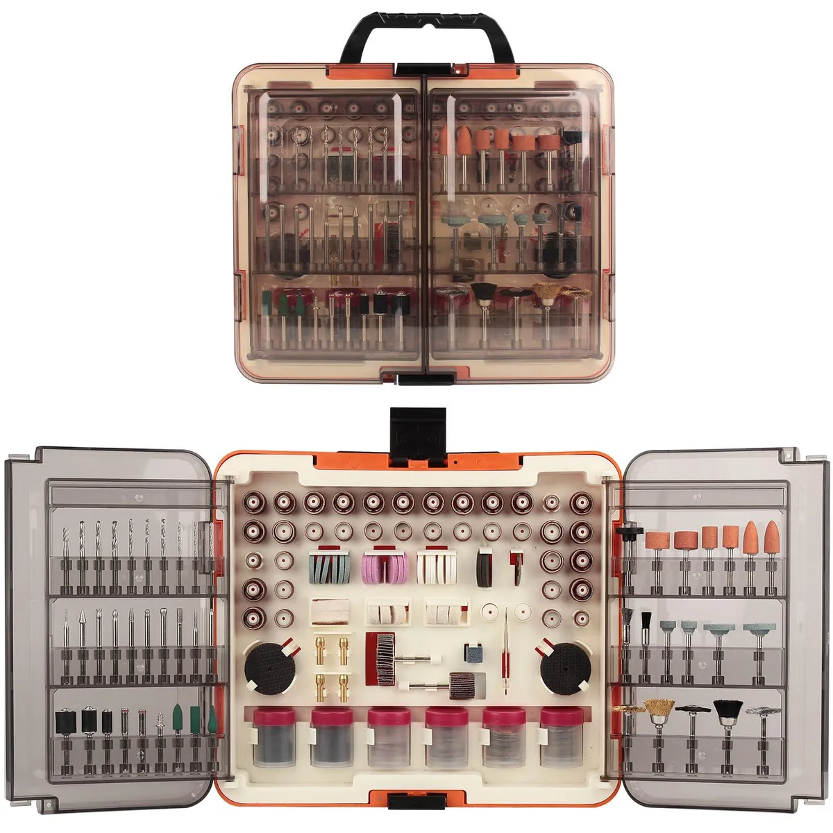 Plastic case holding 508 rotary tool bits and accessories in chrome finish