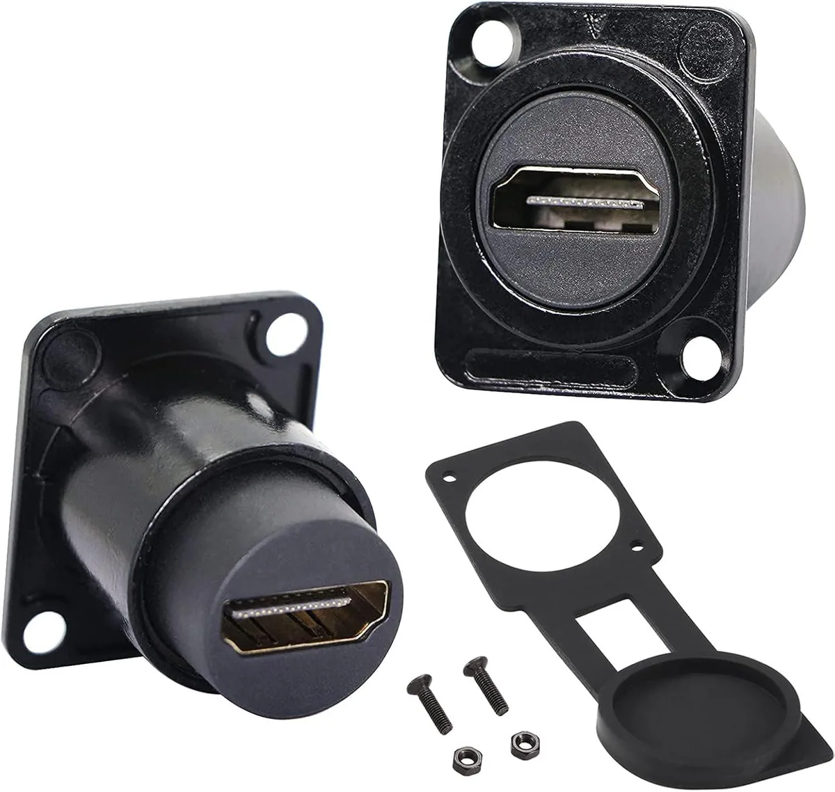 Two silver D-shaped HDMI female-to-female couplers with zinc alloy finish