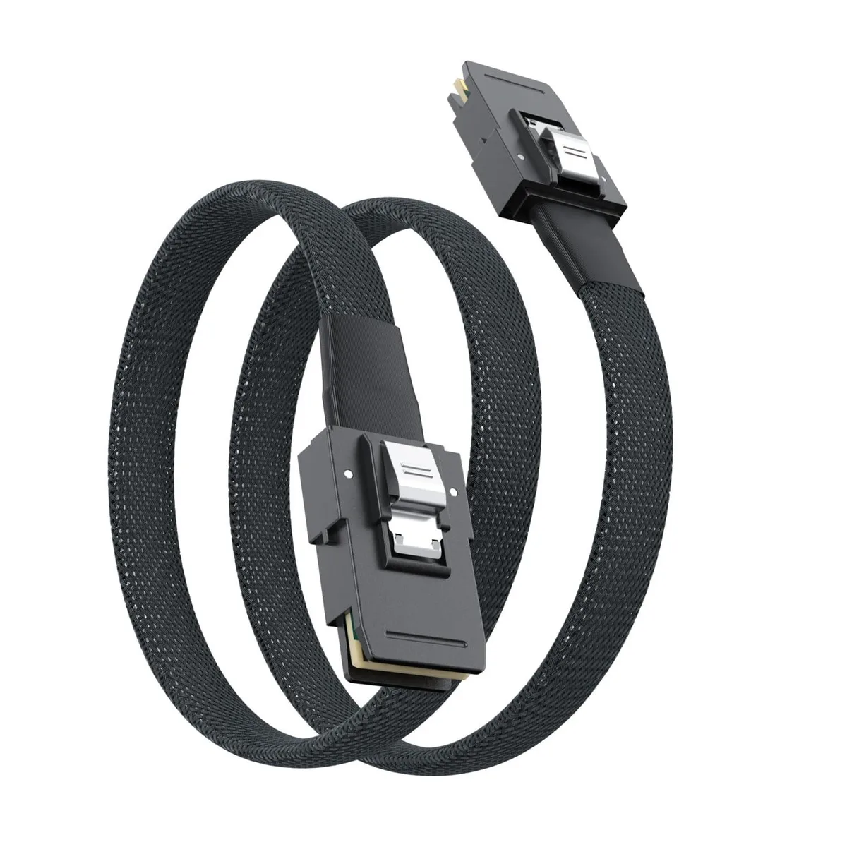 Thin black cable with silver SFF-8087 plugs on both ends, 2.6 ft long