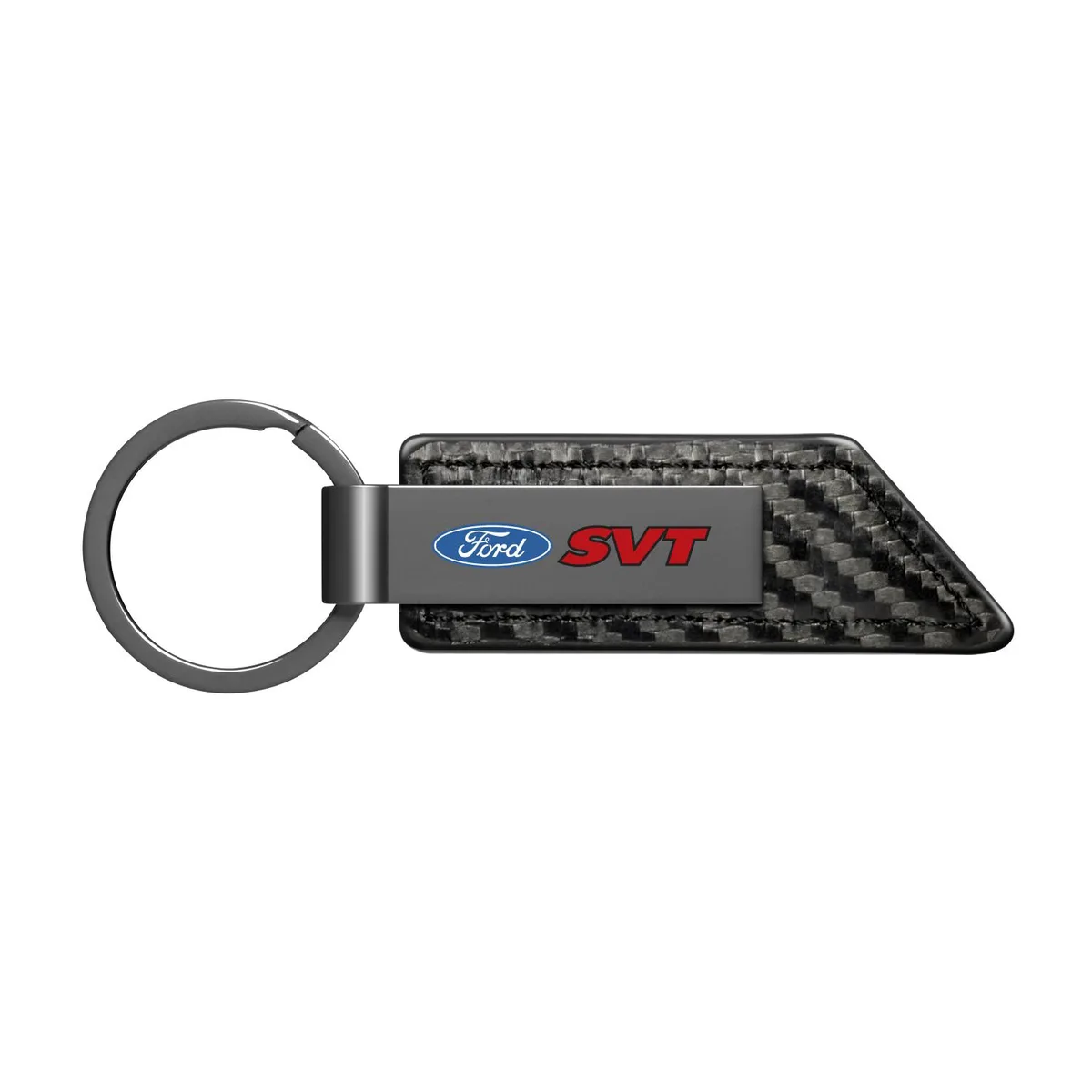 Black leather key fob with gunmetal plate and carbon fibre texture, flat split ring