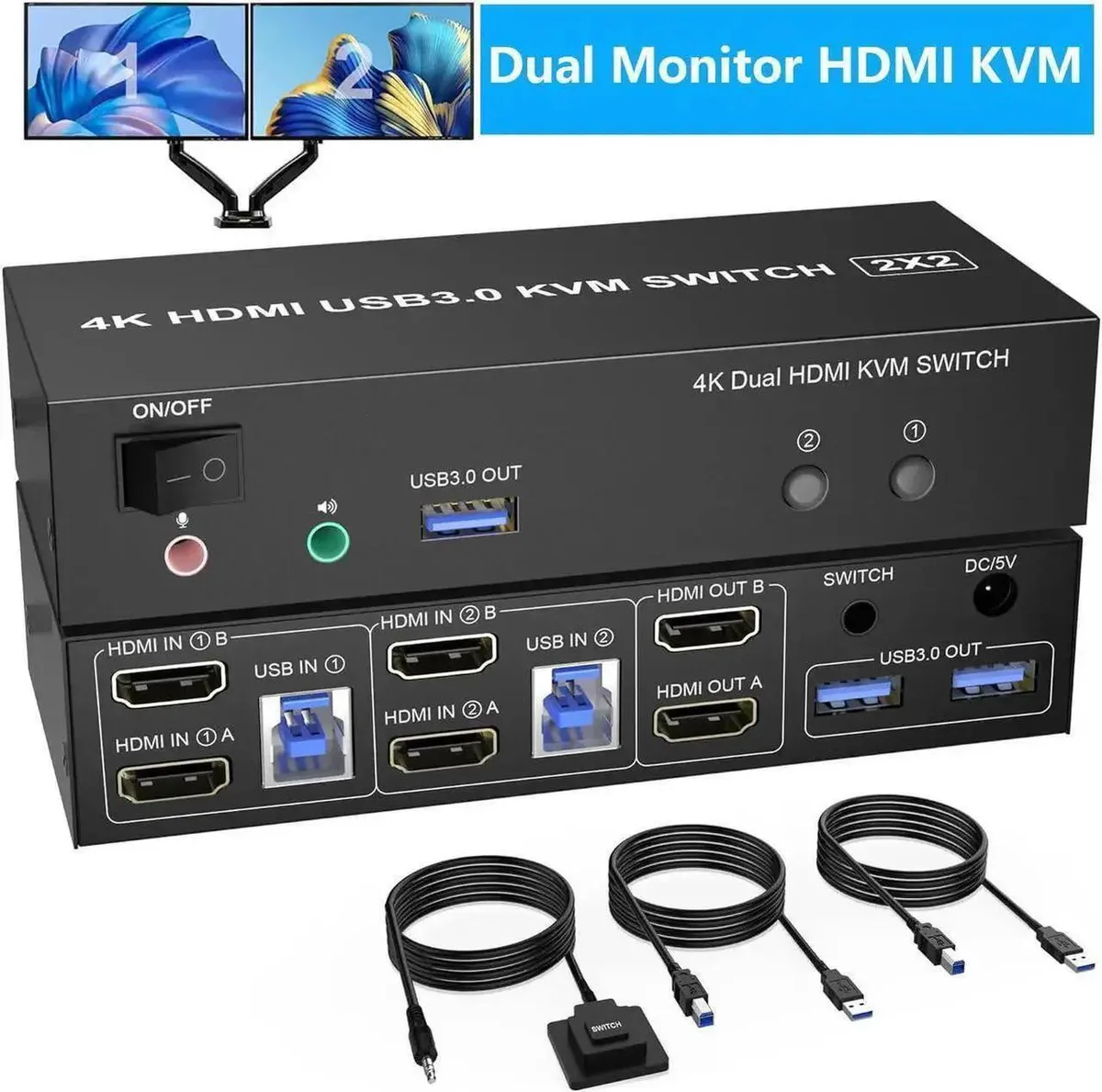 Vszerda Vszerda 2-Port Dual Monitor HDMI KVM Switch 4K@60Hz 3 USB 3.0 Ports — product photo