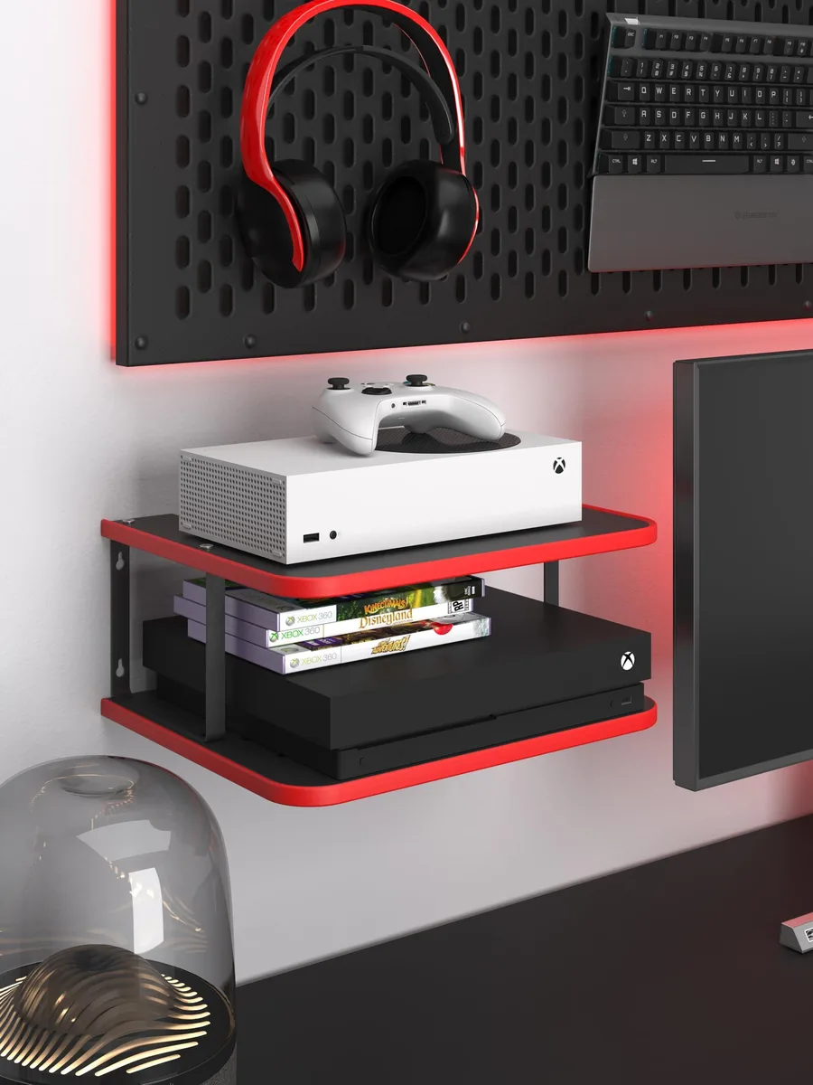 Black and red floating corner shelf with two tiered platforms for Xbox and projector mounting