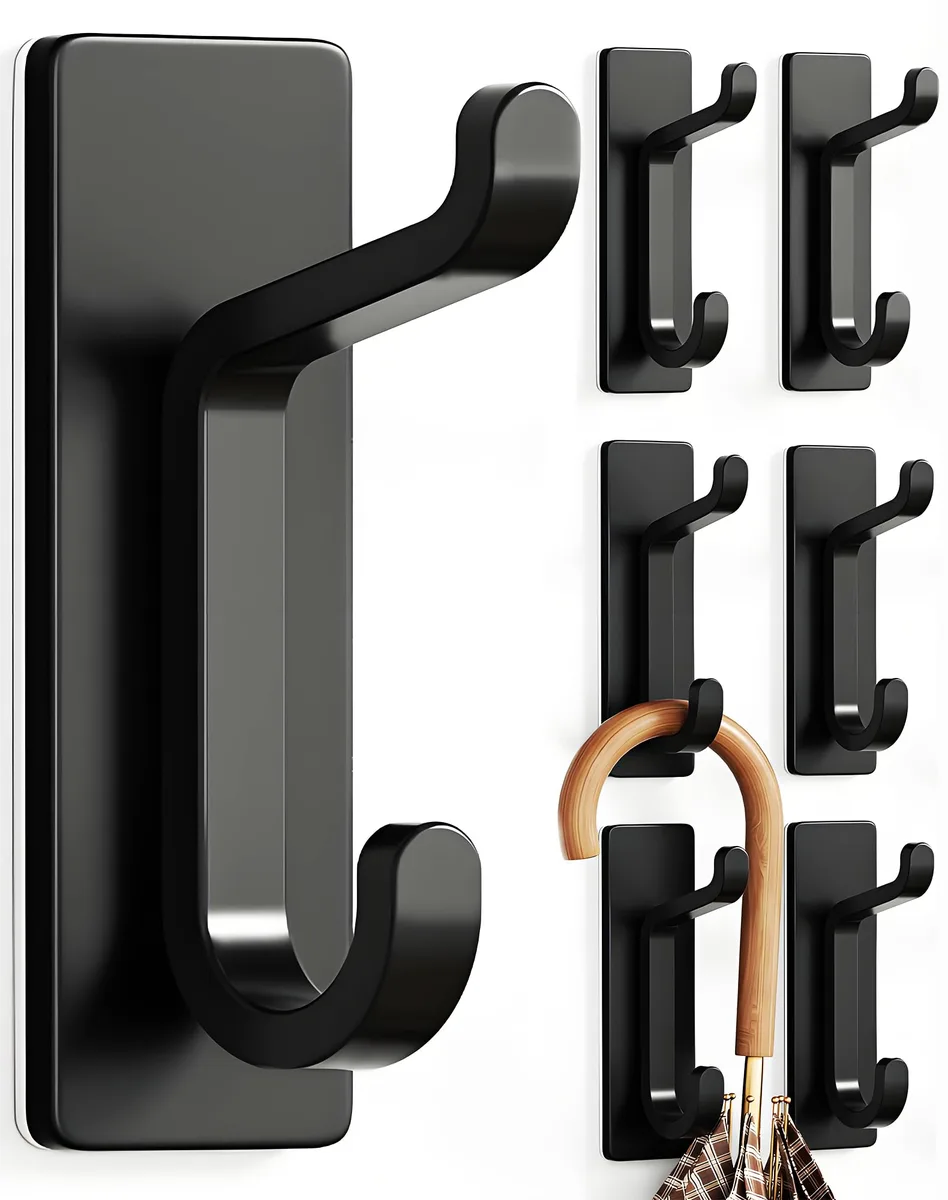 Black double-hook adhesive wall hangers, six pack, 13LB capacity