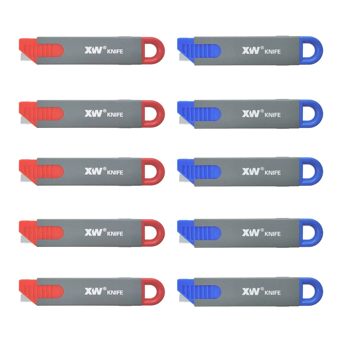 Ten auto-retractable box cutters with grey metal sleeves and blue ABS handles, 11 cm