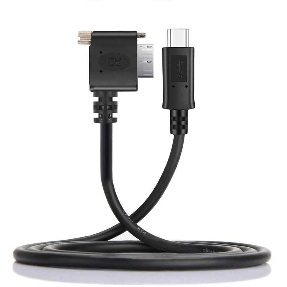 Blue USB-C to Micro USB 3.0 cable with 90 degree right-angle screw-mount connector