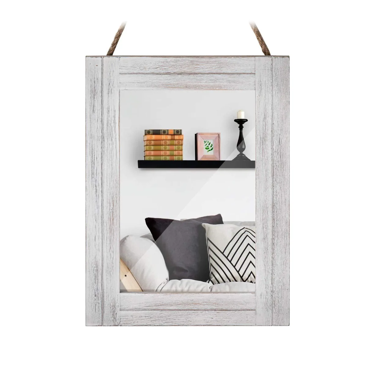 Rectangle distressed white wood mirror with rope hanger 12x16in
