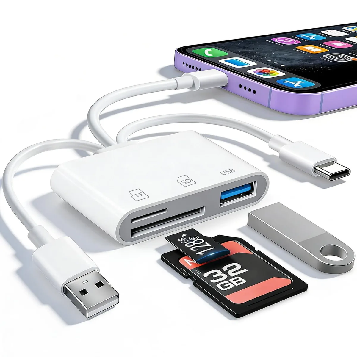 Compact white card reader with USB-C and Lightning connectors
