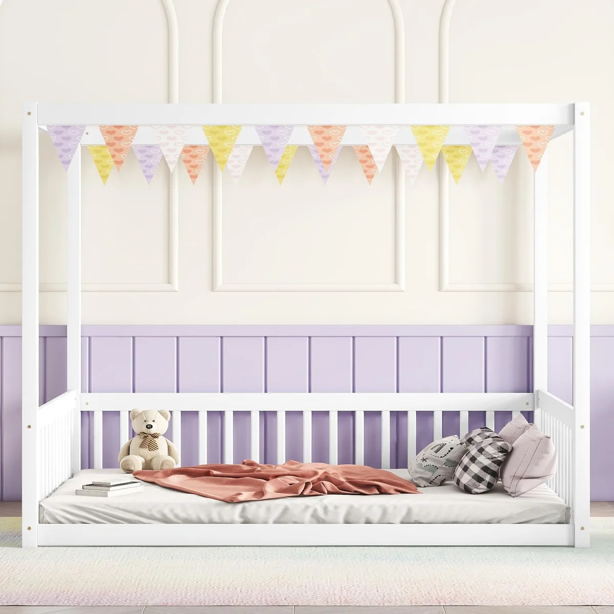 White rubber-wood full-size floor bed with canopy frame and guardrails