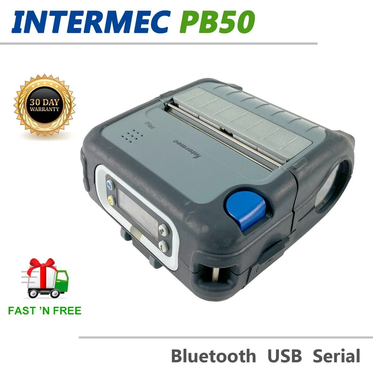 Compact rugged mobile thermal label printer dark grey plastic body Bluetooth USB serial interfaces no battery no adapter