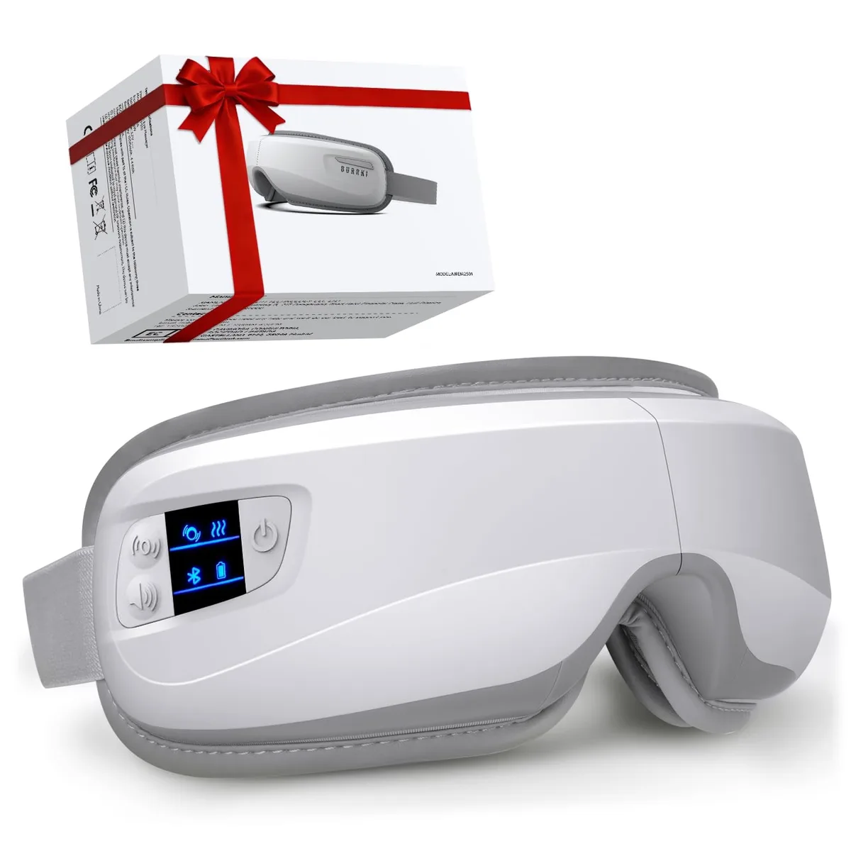 White wrap-around eye massager with built-in sponge layer and battery power