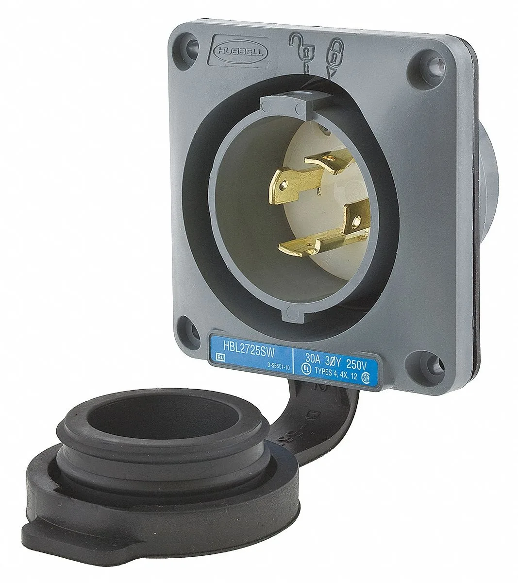 Hubbell Incorporated Hubbell Incorporated HBL2725SW 30 A 250 V AC IP66 watertight flanged locking inlet — product photo