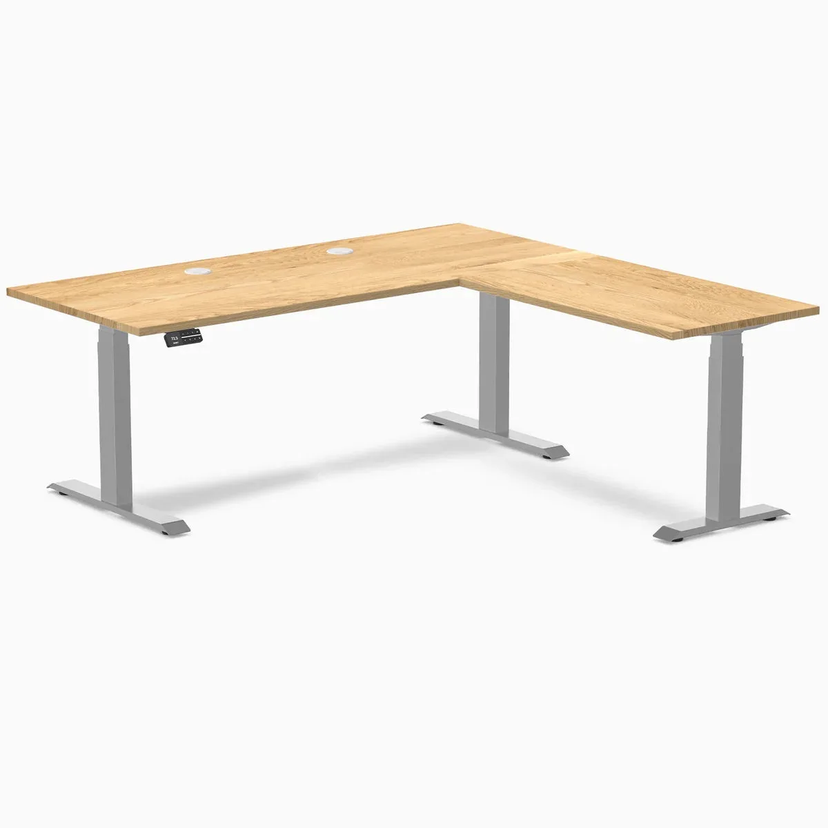 Desky Desky Hardwood L-Shape Sit Stand Desk White Oak Grey 72x30x70x24 in with Grommets — product photo