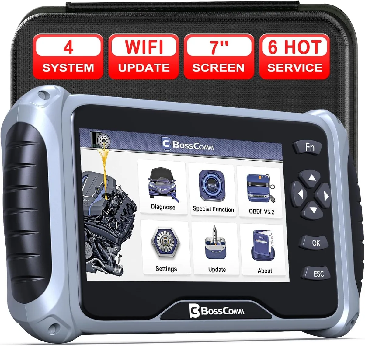 WUQ IF742 handheld OBD2 scanner with 7 inch screen and physical buttons
