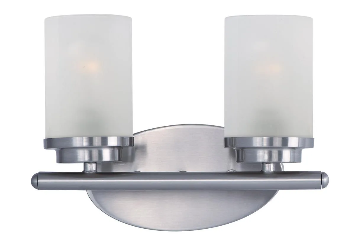 Satin nickel two-light bath vanity with frosted glass cylinders
