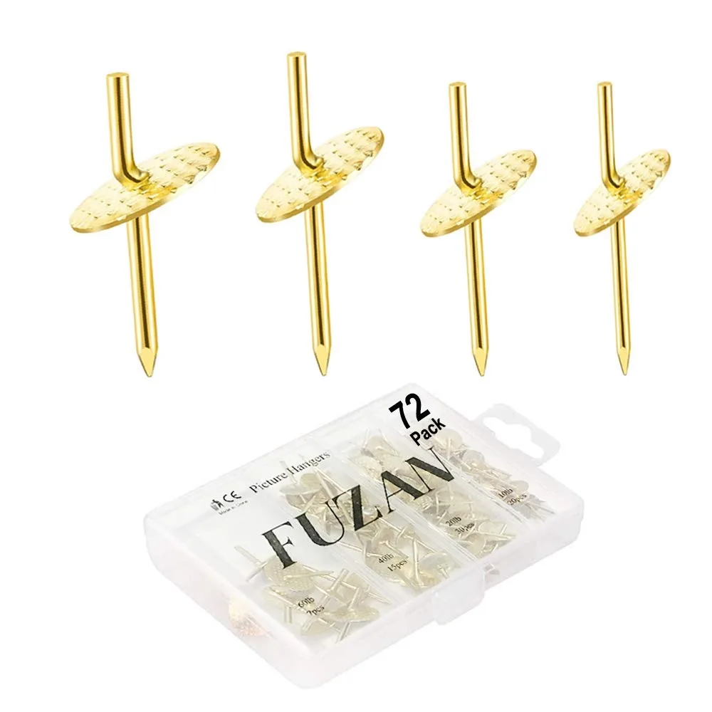 Clear plastic compartment box holding 72 metal picture hooks in four sizes with integrated nails