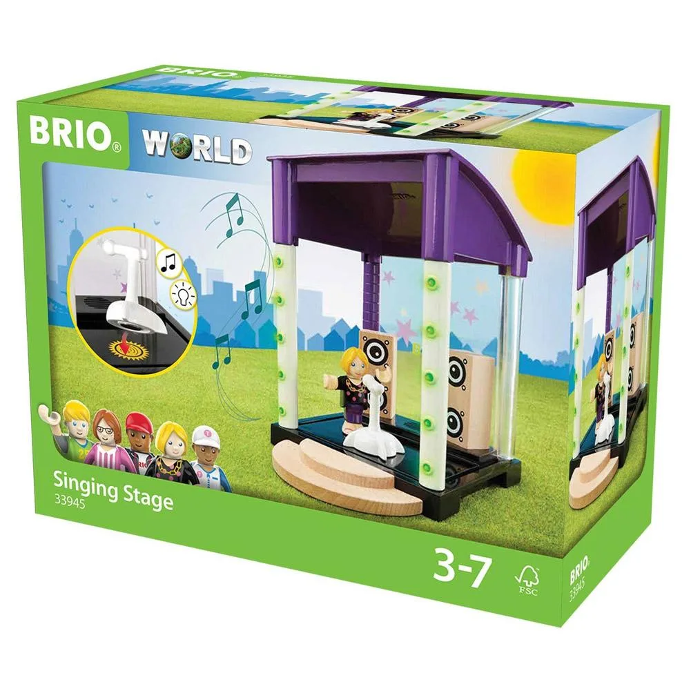 Wooden singing stage with microphone, character figure and speakers
