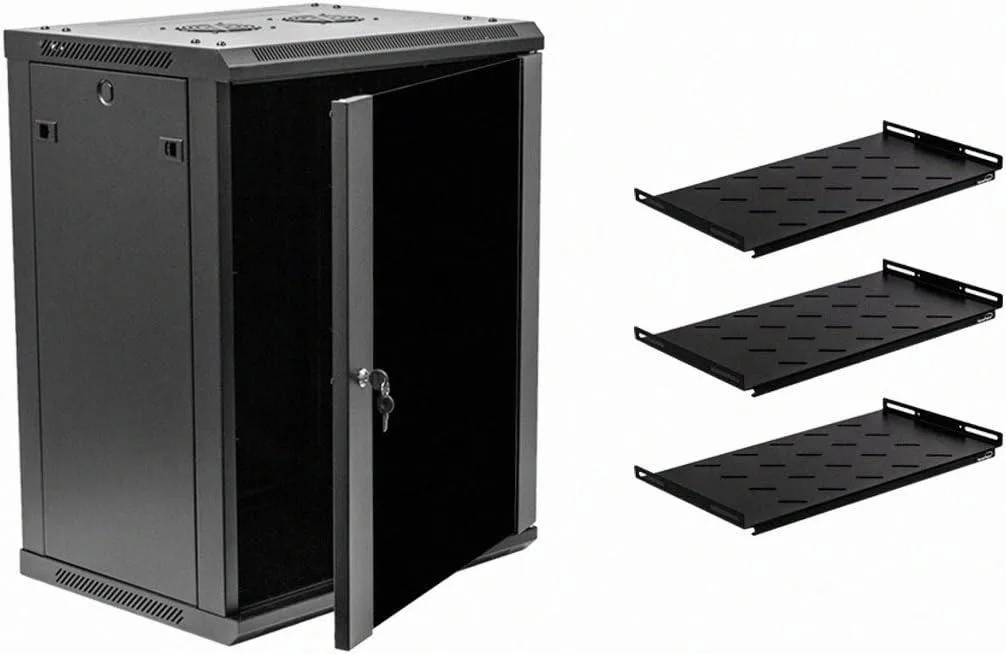 TAURKENAM TAURKENAM 15U Wallmount Server Rack 19-Inch 16-Inch Deep Black with Shelves — product photo