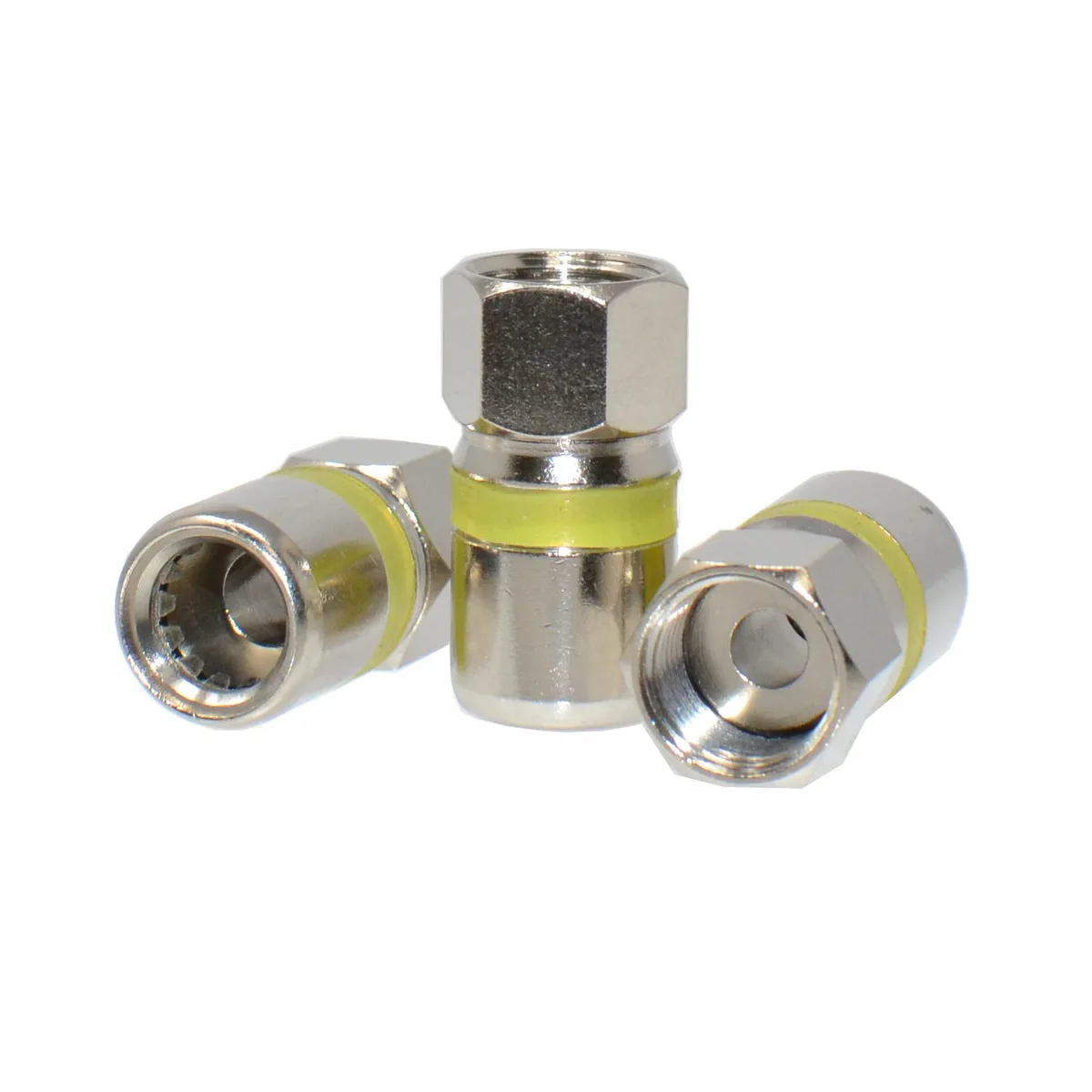 Ten yellow-ringed RG6 quad-shield F-type connectors with self-lock mechanism