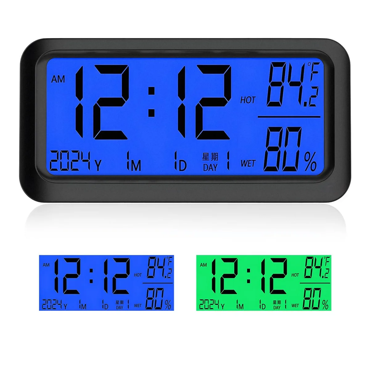 Small rectangular blue dashboard clock with digital display showing time temperature humidity solar panel on top adhesive mount