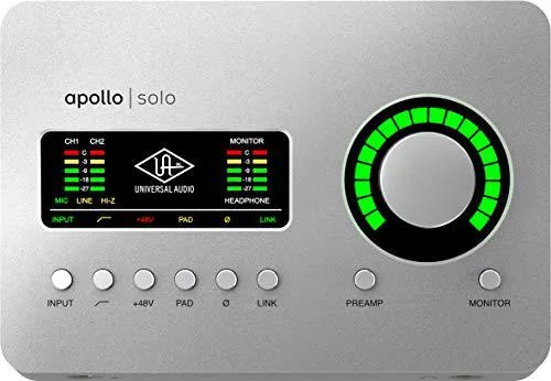 Compact desktop audio interface, silver finish, front panel knobs and inputs