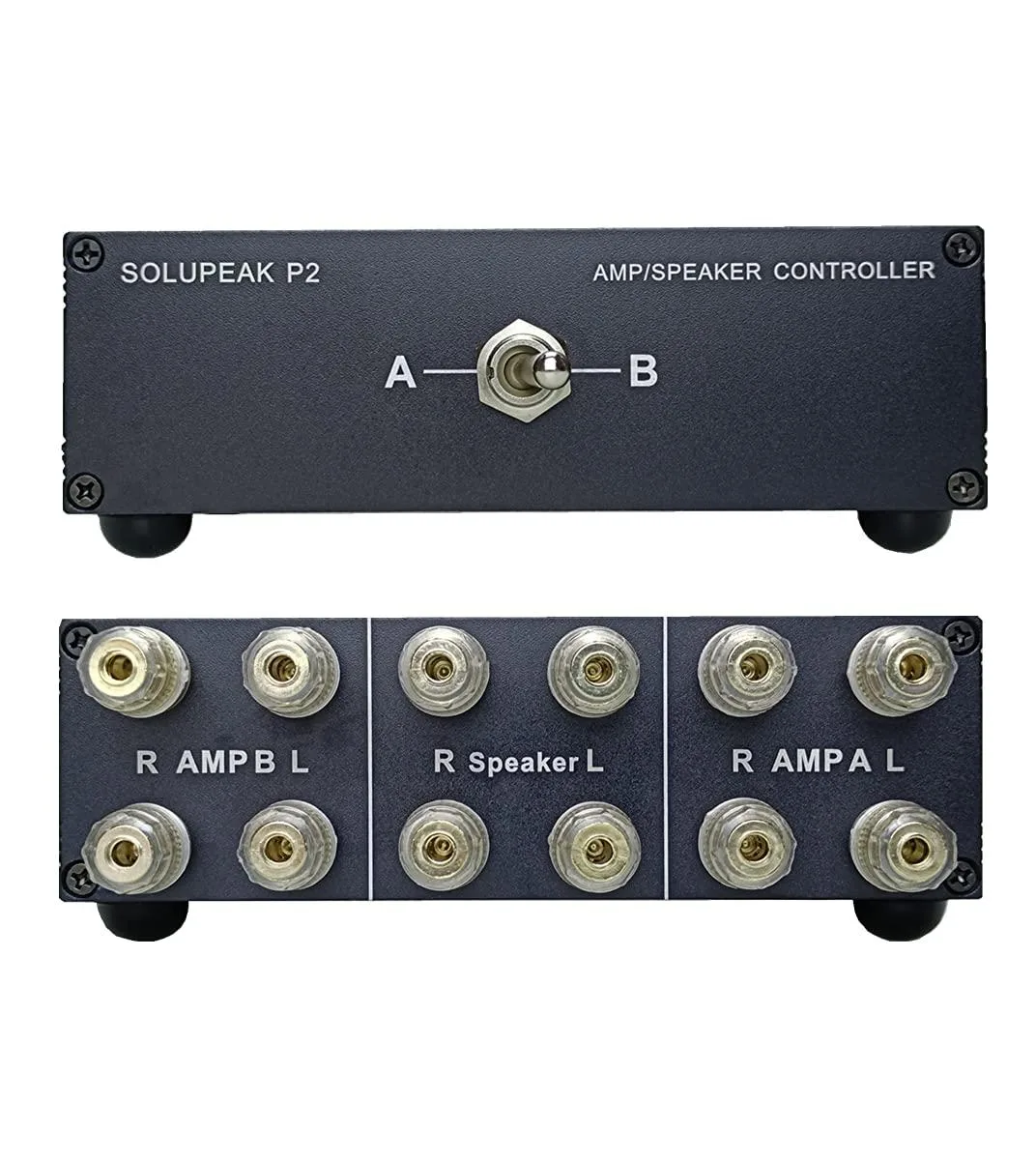 Black metal box with gold banana jacks and A/B toggle switch, 15 by 10 by 4.6 cm