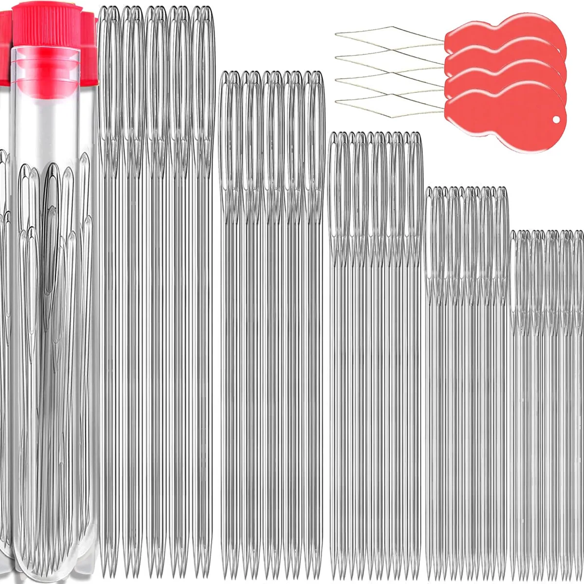 Clear tubes holding 75 stainless steel needles in five lengths plus four threaders